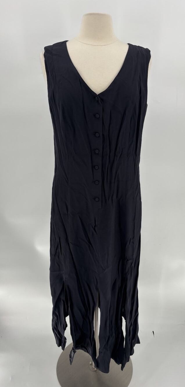 90s Vintage Dress Womens Medium Black Midi Slits Button Sleeveless V Neck Casual